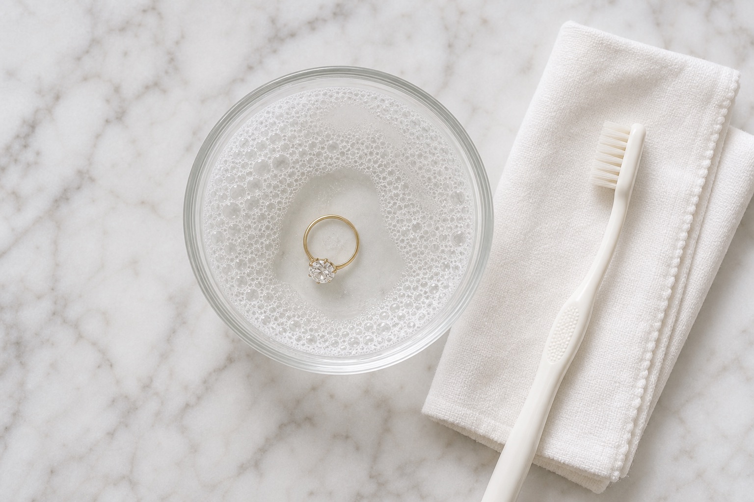 A diamond ring soaking in a bowl of warm soapy water beside a soft toothbrush and lint-free cloth