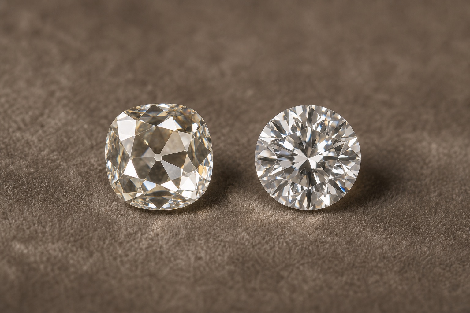 An old mine cut diamond with broad chunky facets next to a modern round brilliant with fine faceting