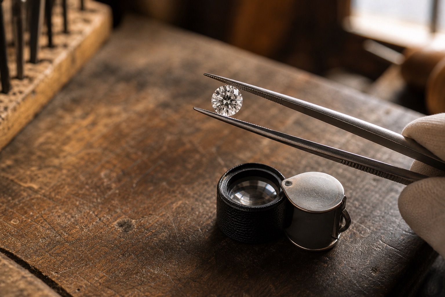 A loose diamond held in tweezers above a jeweler's loupe on a workbench