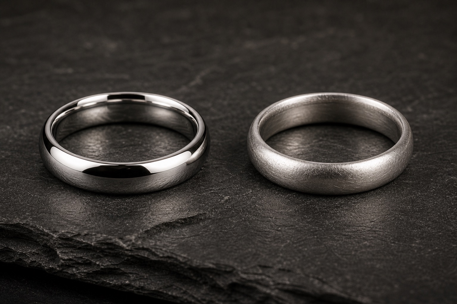 Two white metal bands side by side, one with a mirror-bright plated finish and one with a soft satin patina from wear