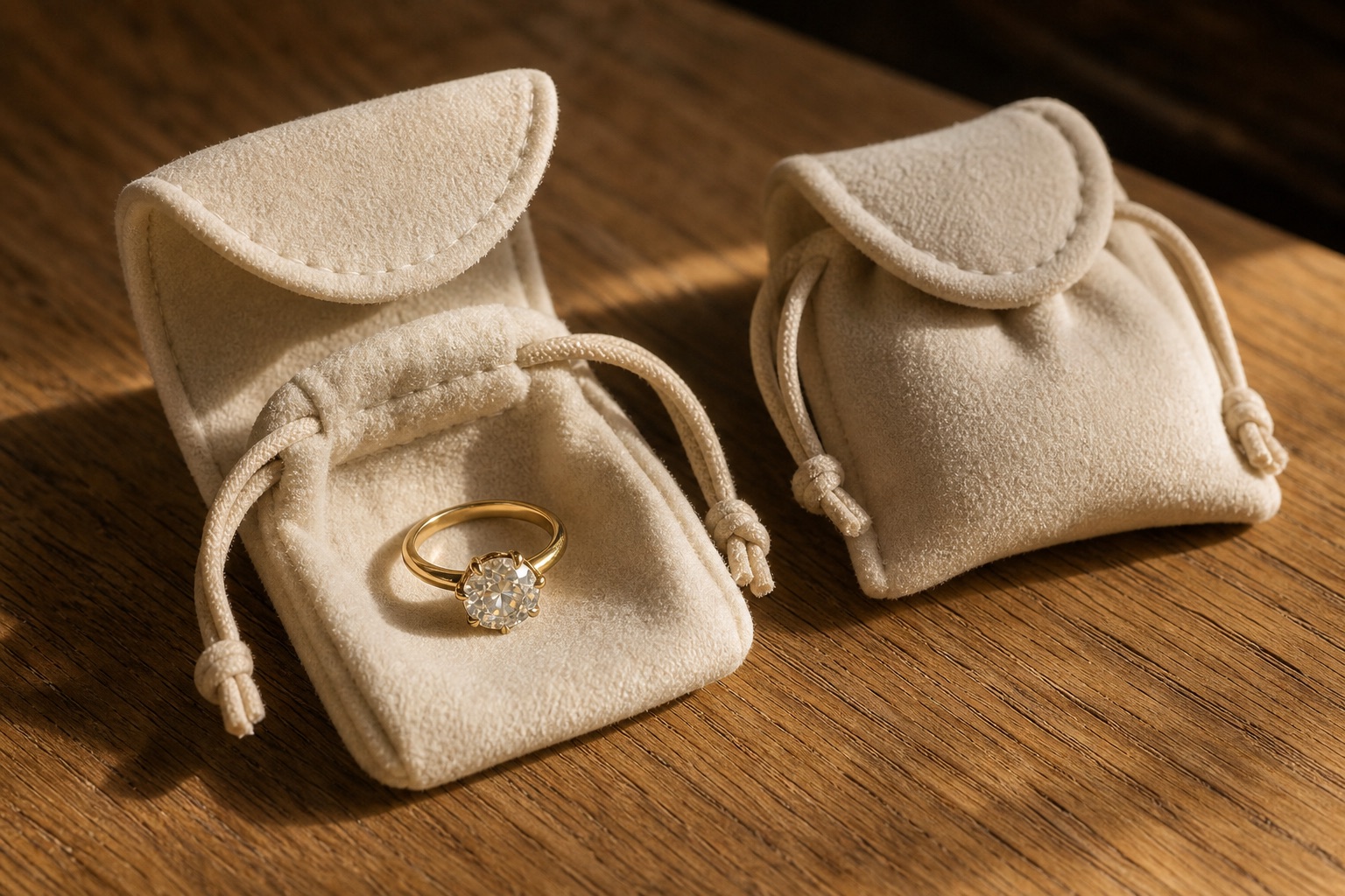 A diamond ring stored alone in a soft ivory suede jewelry pouch