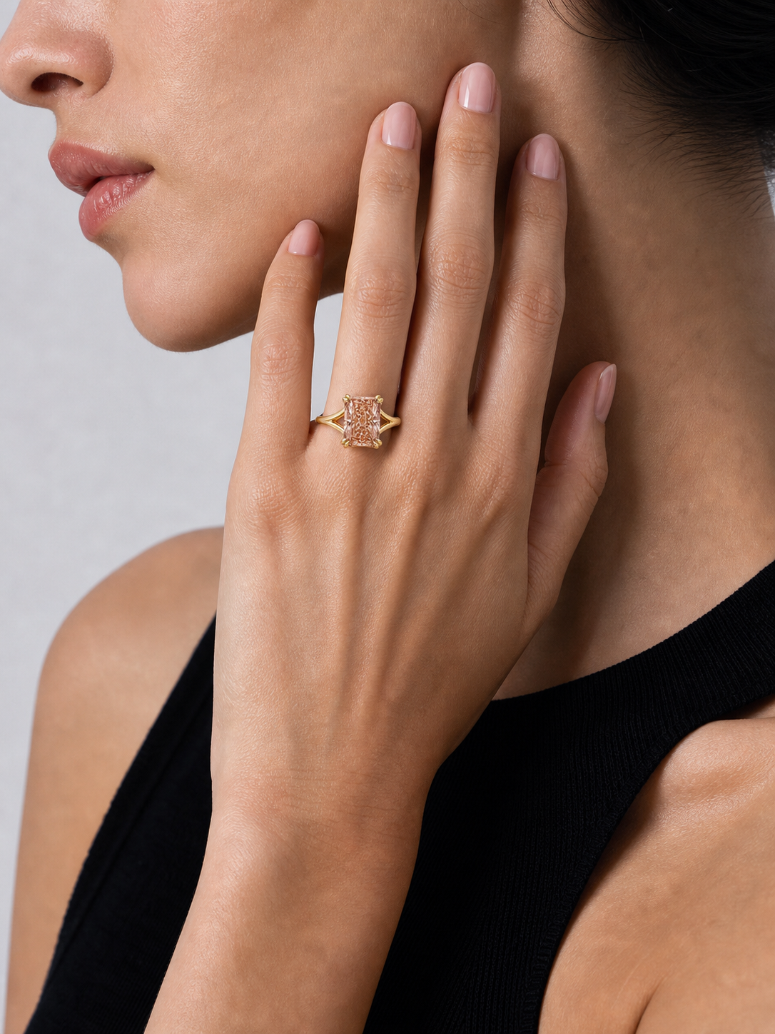 Brown-Pink Radiant Cut Lab Grown Diamond Ring in 14K Yellow Gold thumbnail 3