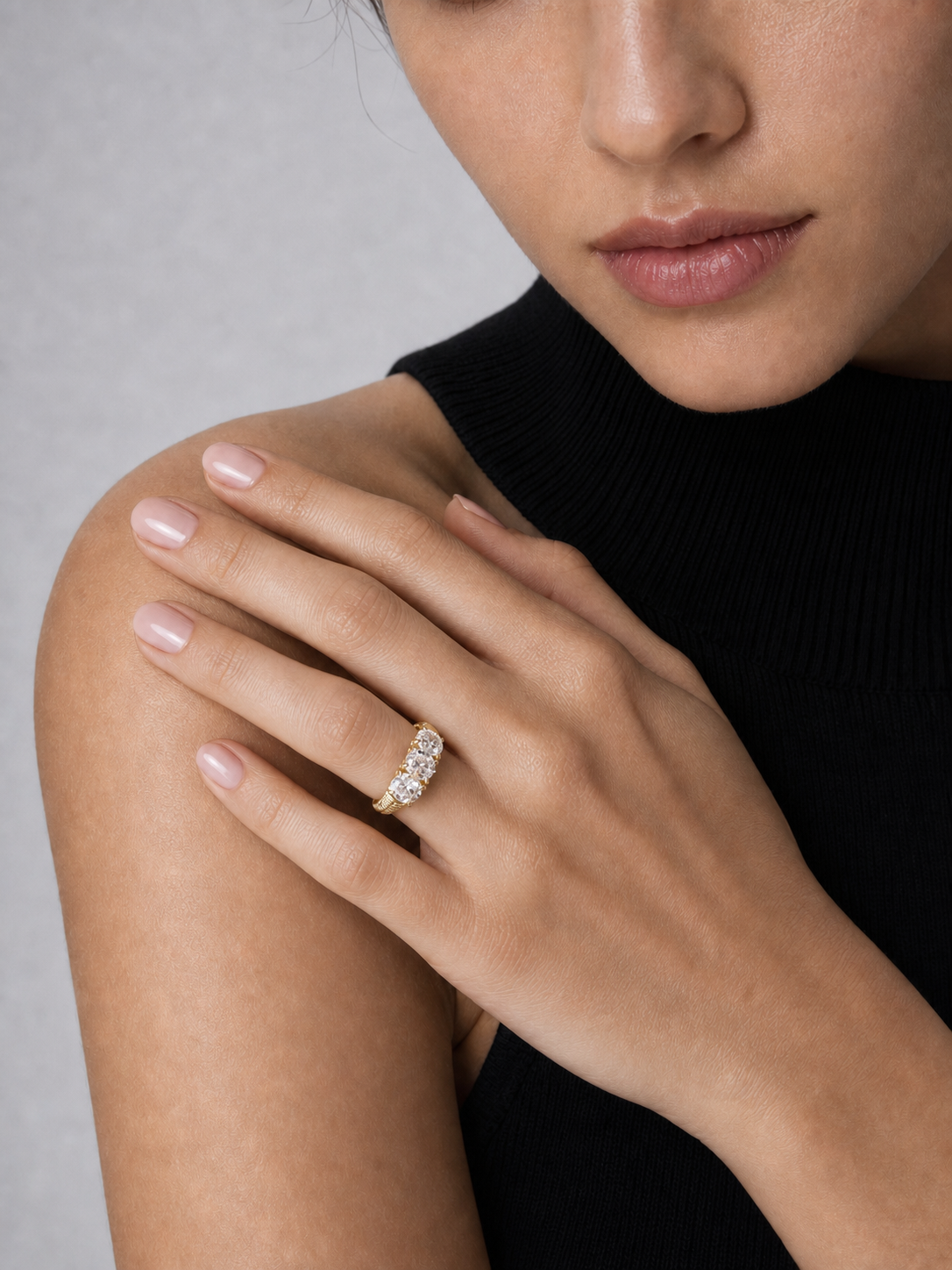 Vintage Three-Stone Old Mine Cut Lab Grown Diamond Ring