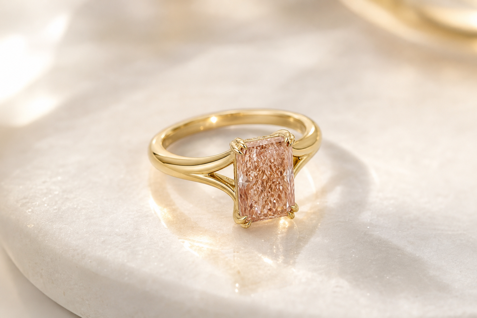 Brown-Pink Radiant Cut Lab Grown Diamond Ring in 14K Yellow Gold thumbnail 7