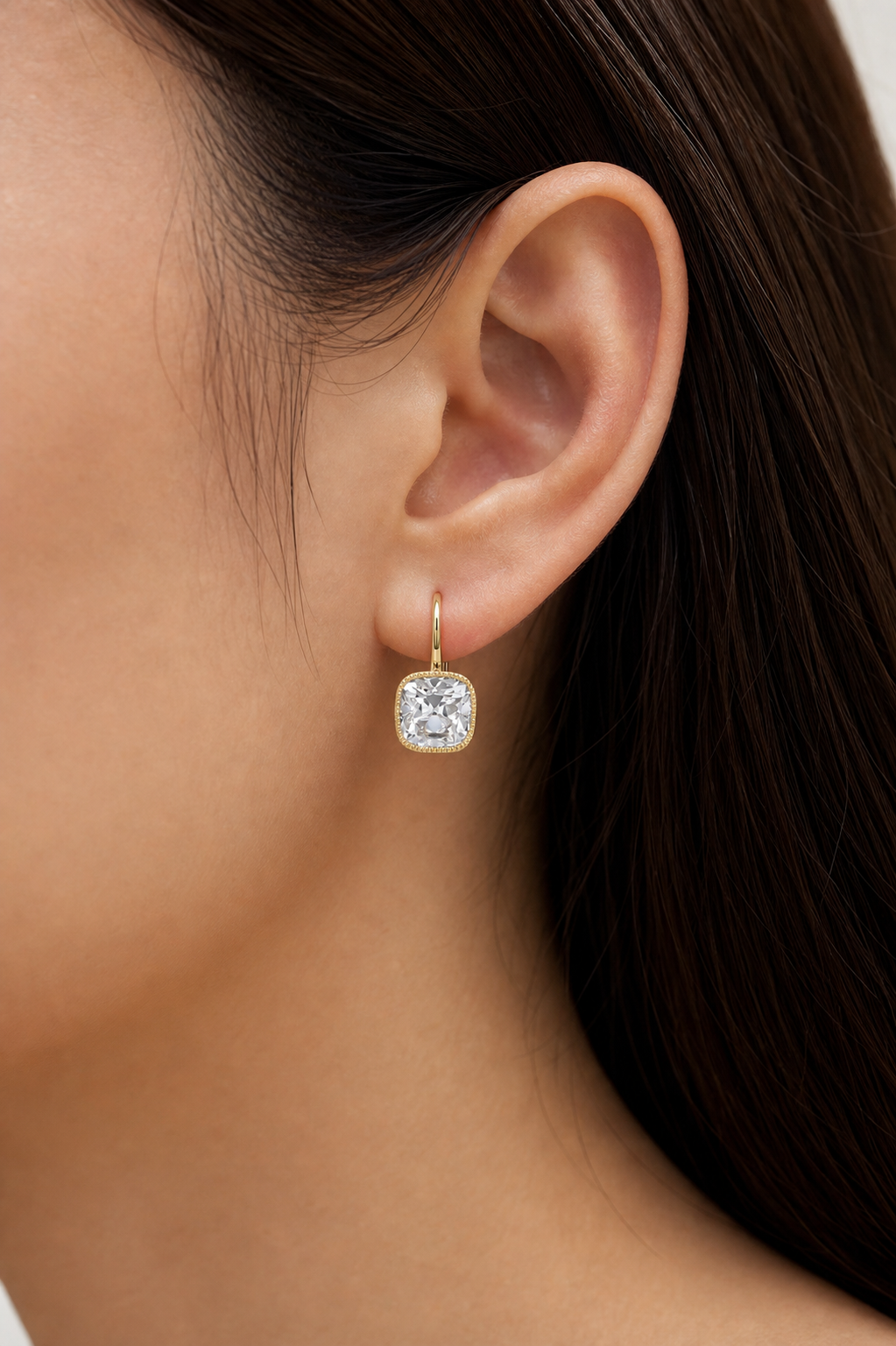 Old Mine Cushion Cut Lab Grown Diamond Earrings in 14K Yellow Gold