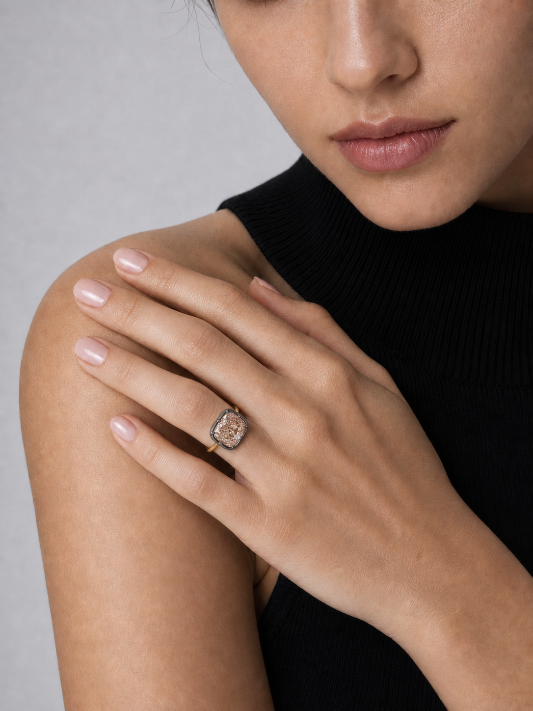 Pink Cushion Lab Grown Diamond Ring in 14K Yellow Gold & Black Rhodium