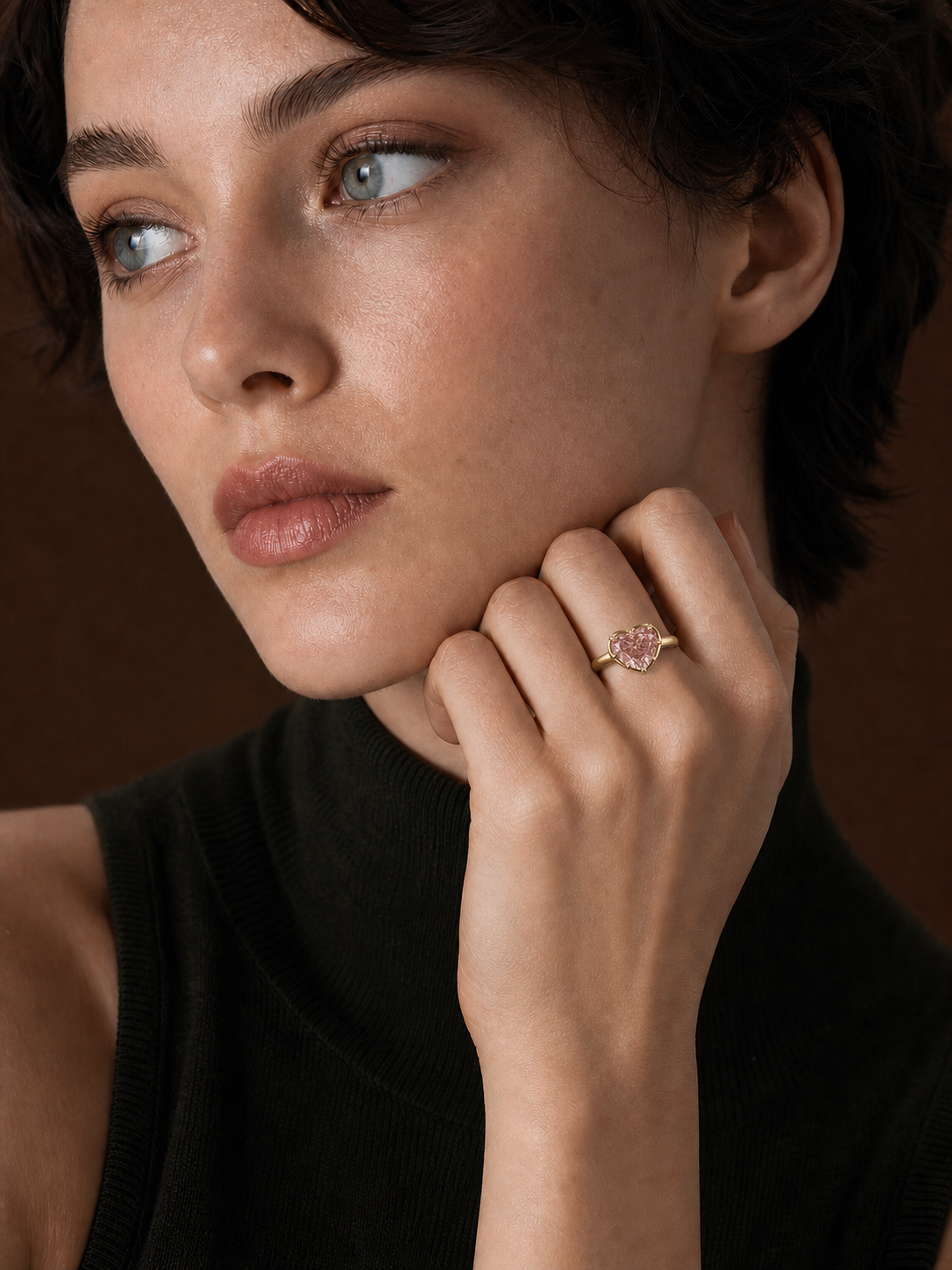 Brown-Pink Heart Lab Grown Diamond Ring in 14K Yellow Gold