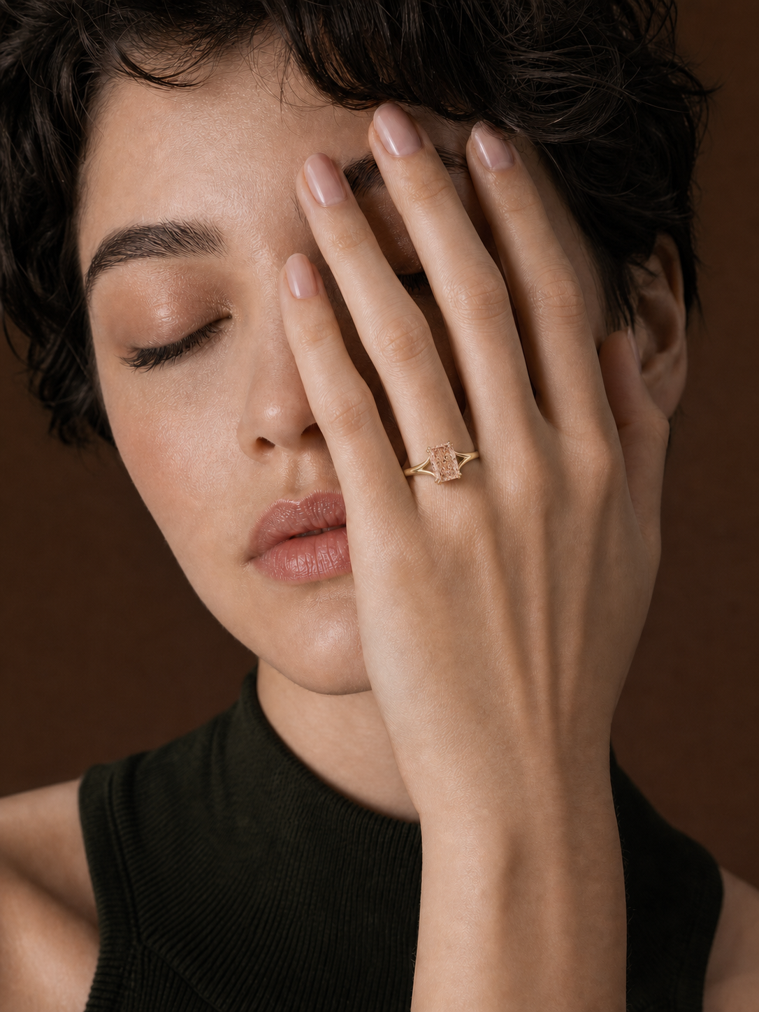 Brown-Pink Radiant Cut Lab Grown Diamond Ring in 14K Yellow Gold