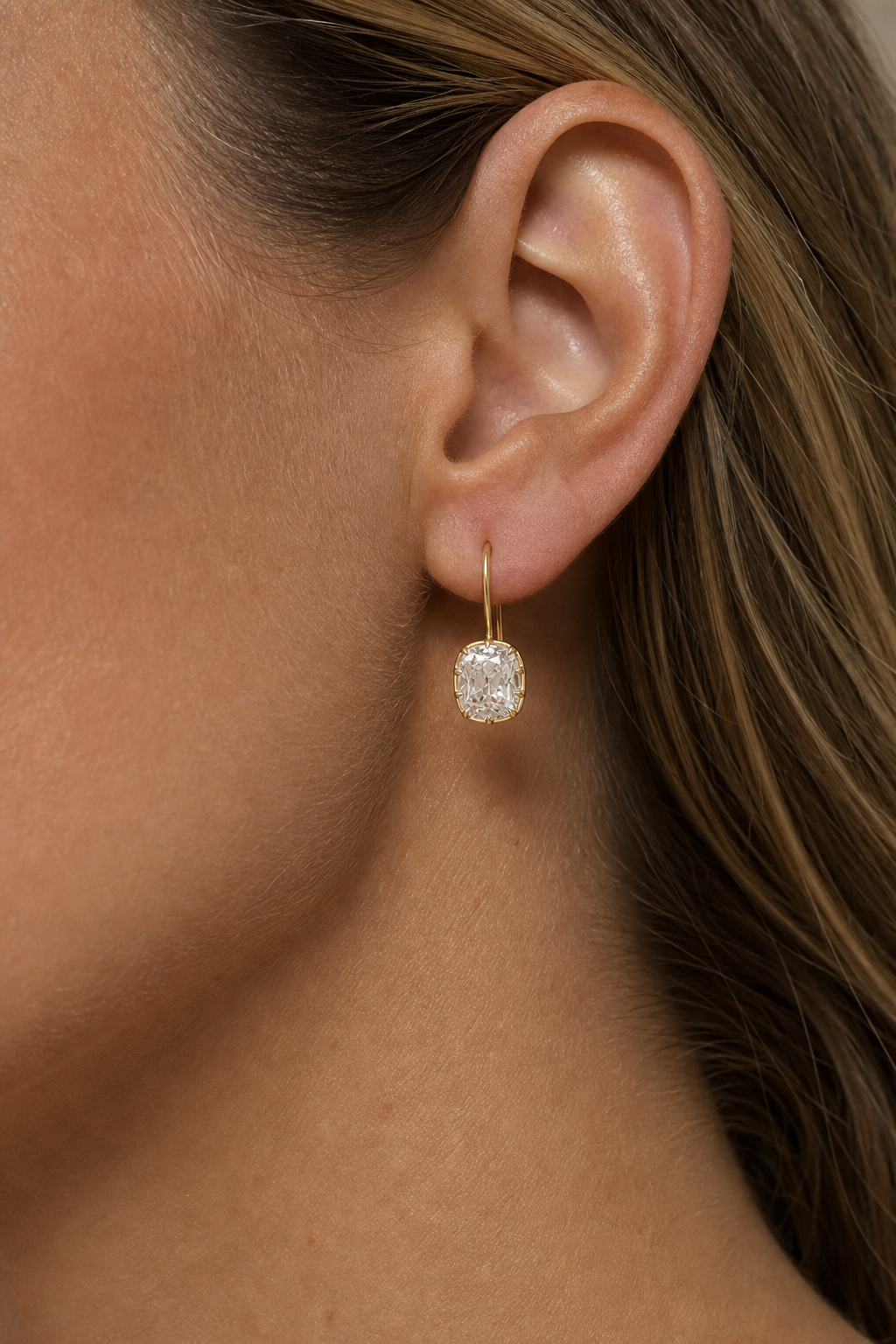 Old Mine Cushion Cut Lab Grown Diamond Earrings in 14K Yellow Gold