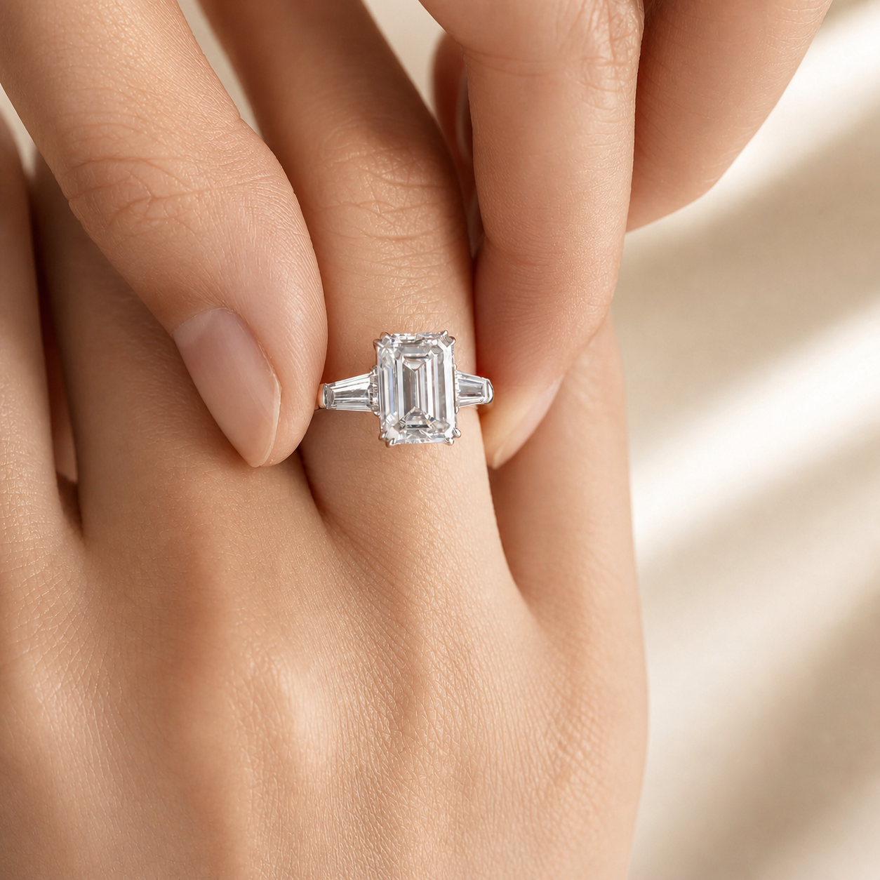 Three-Stone Emerald Cut Lab Grown Diamond Ring in Platinum 950