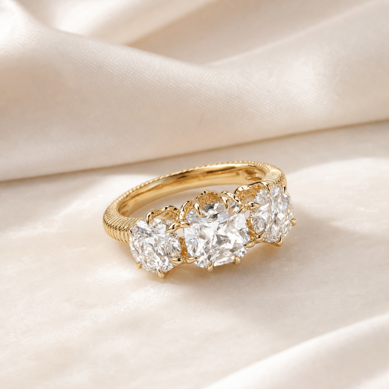 Vintage Three-Stone Old Mine Cut Lab Grown Diamond Ring thumbnail 4