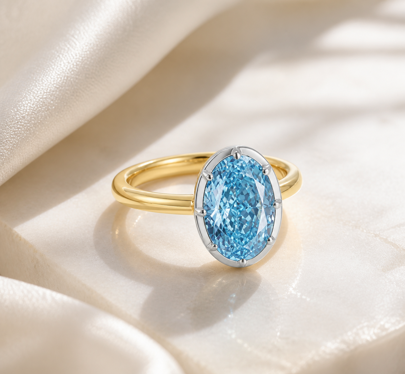 Blue Oval Lab Grown Diamond Ring in 14K Two-Tone Gold thumbnail 6
